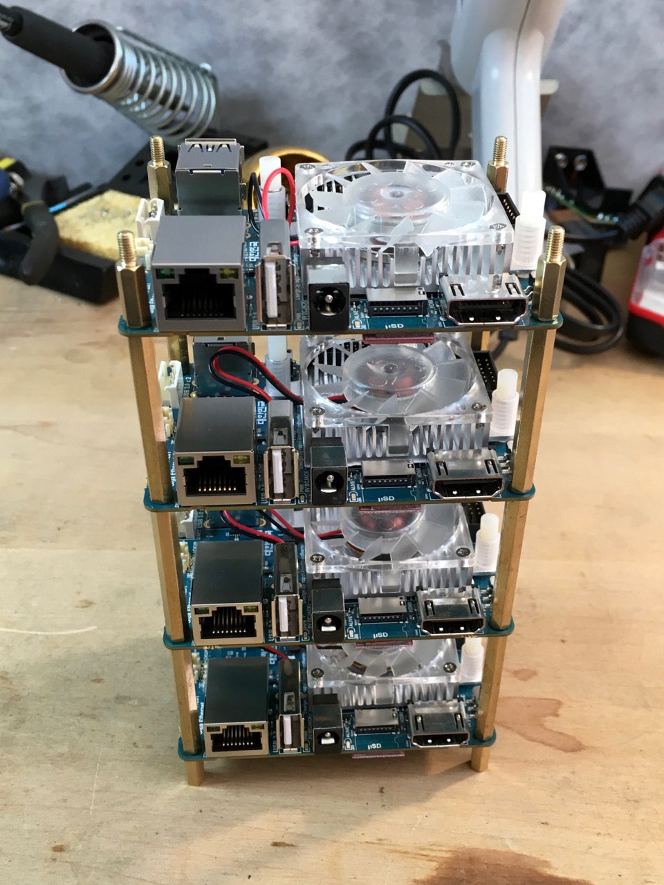 All nodes in the ODROID XU4 cluster stacked together